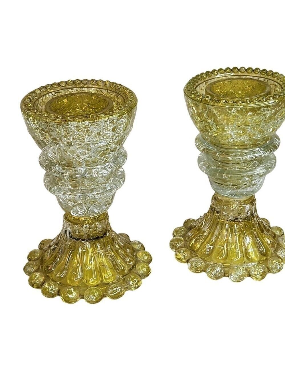 Vintage Crackle Glass Candle Holders - Pair Of Yellow Bubble Base Votive Holders